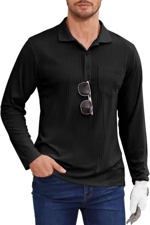 Tanst Sky Men's Polo Shirts Long Sleeve Collared V Neck Pocket Knit Tops Business Casual Golf Slim Fit Clothes