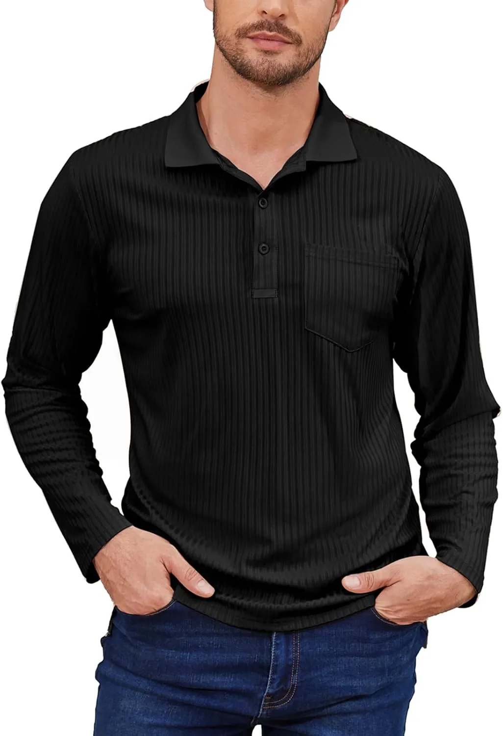 Tanst Sky Men's Polo Shirts Long Sleeve Collared V Neck Pocket Knit Tops Business Casual Golf Slim Fit Clothes
