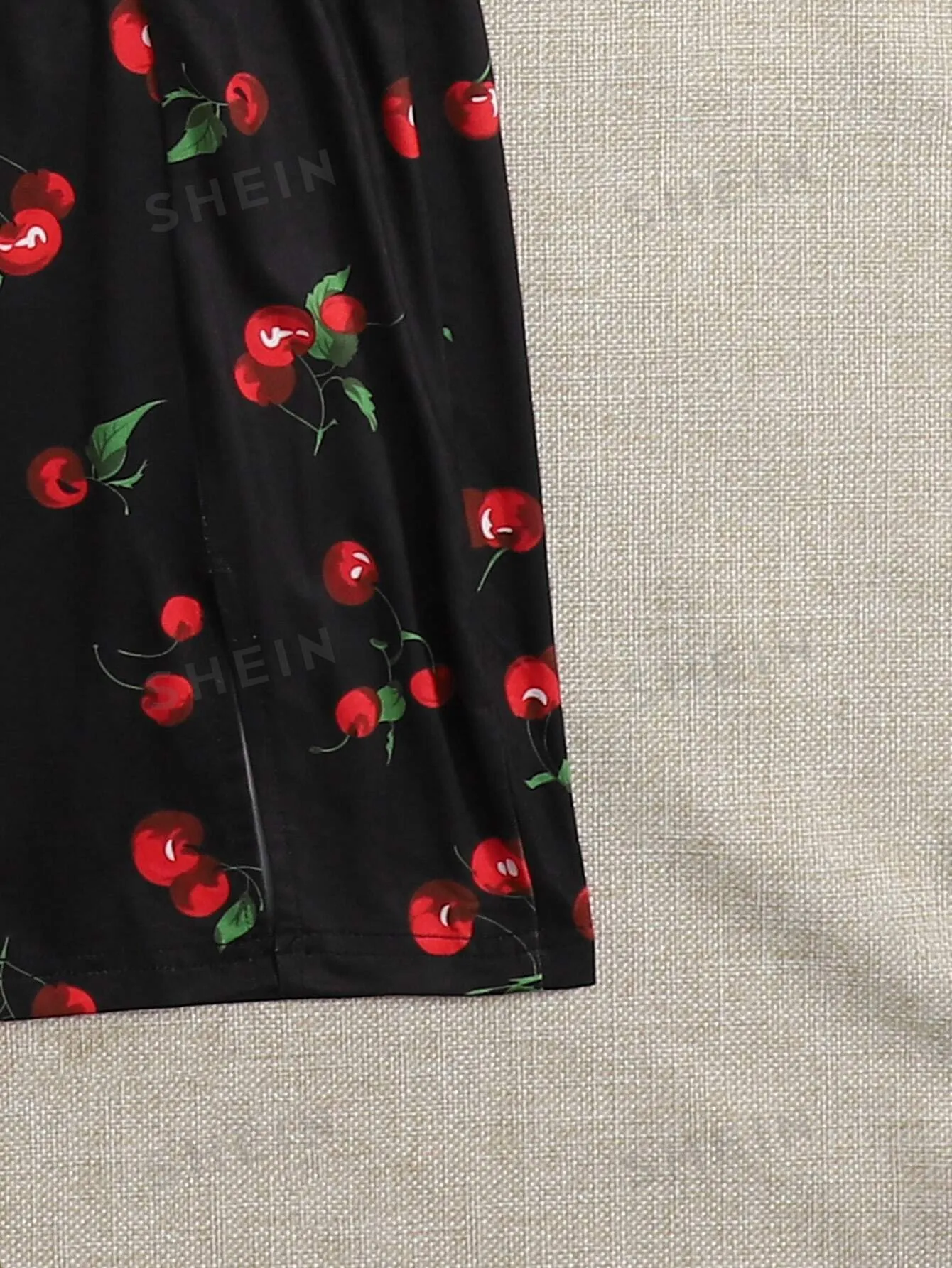 Tie Front Rib-knit Tank Top & Split Hem Cherry Print Skirt Set