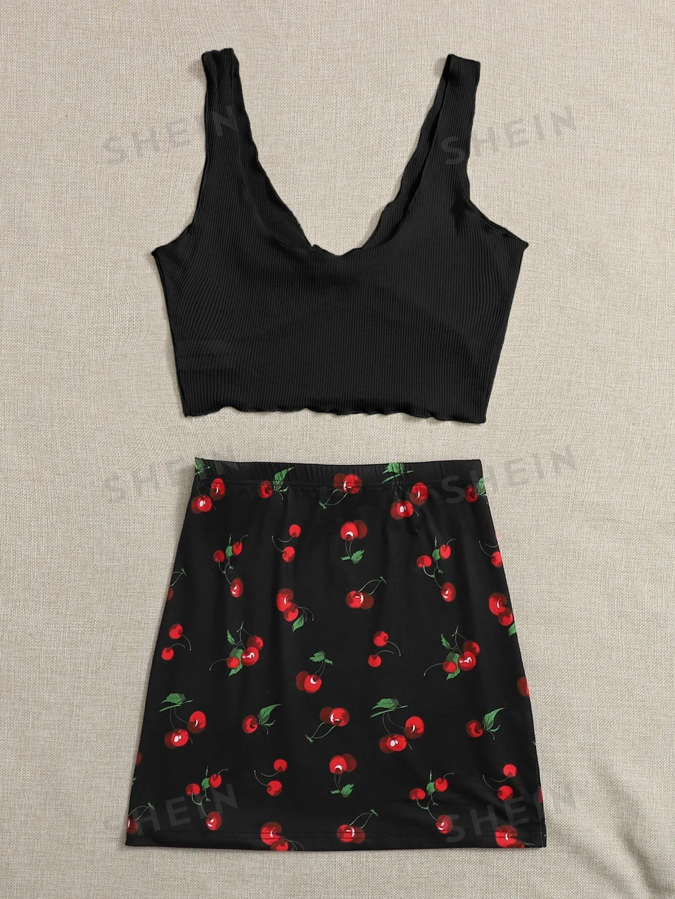 Tie Front Rib-knit Tank Top & Split Hem Cherry Print Skirt Set
