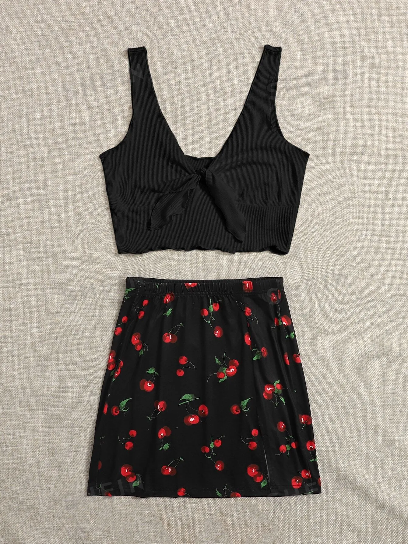 Tie Front Rib-knit Tank Top & Split Hem Cherry Print Skirt Set