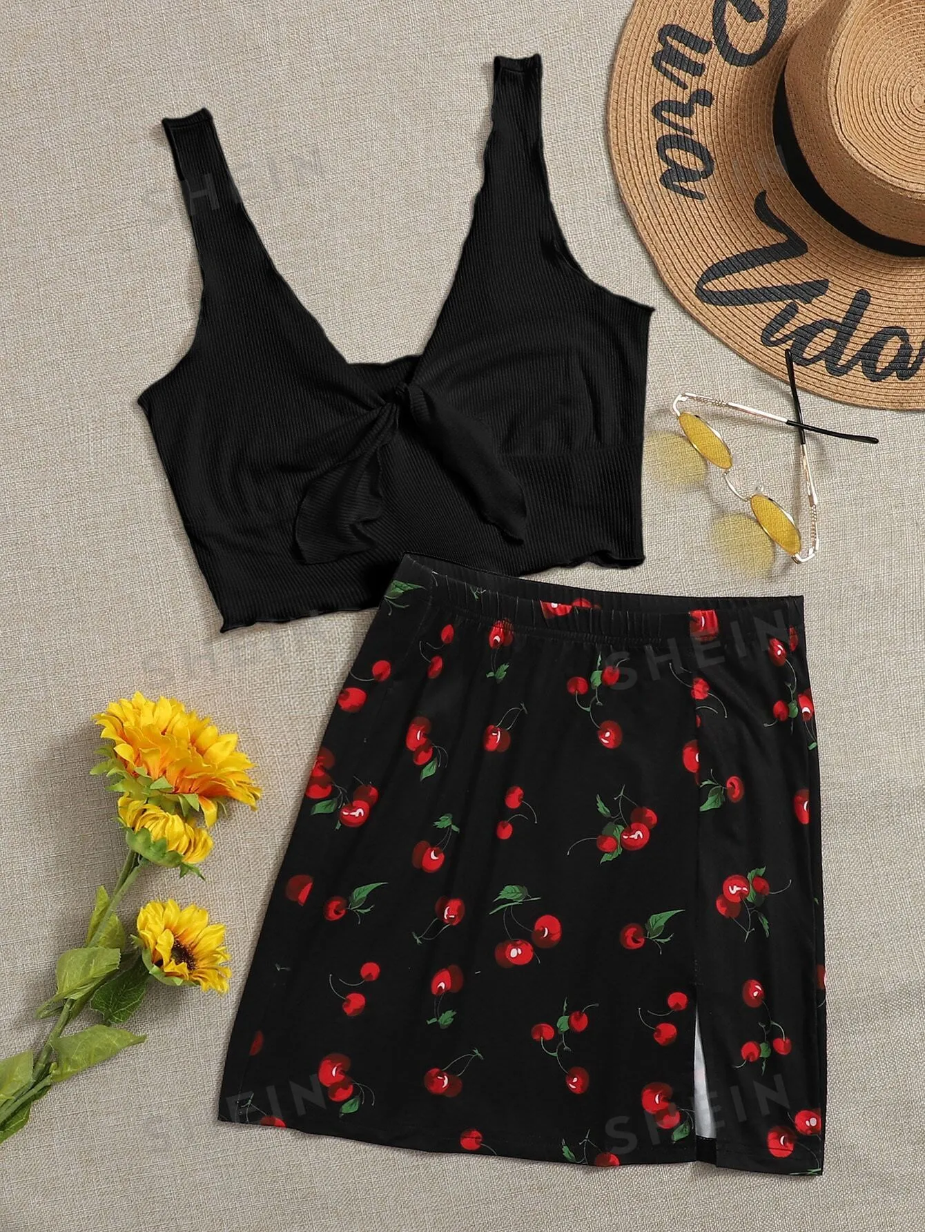 Tie Front Rib-knit Tank Top & Split Hem Cherry Print Skirt Set