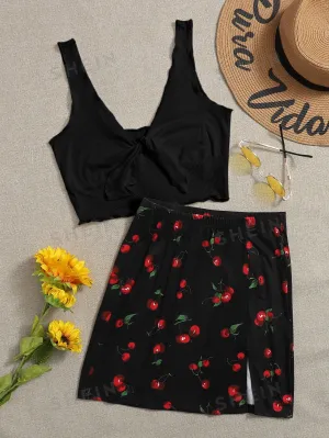 Tie Front Rib-knit Tank Top & Split Hem Cherry Print Skirt Set