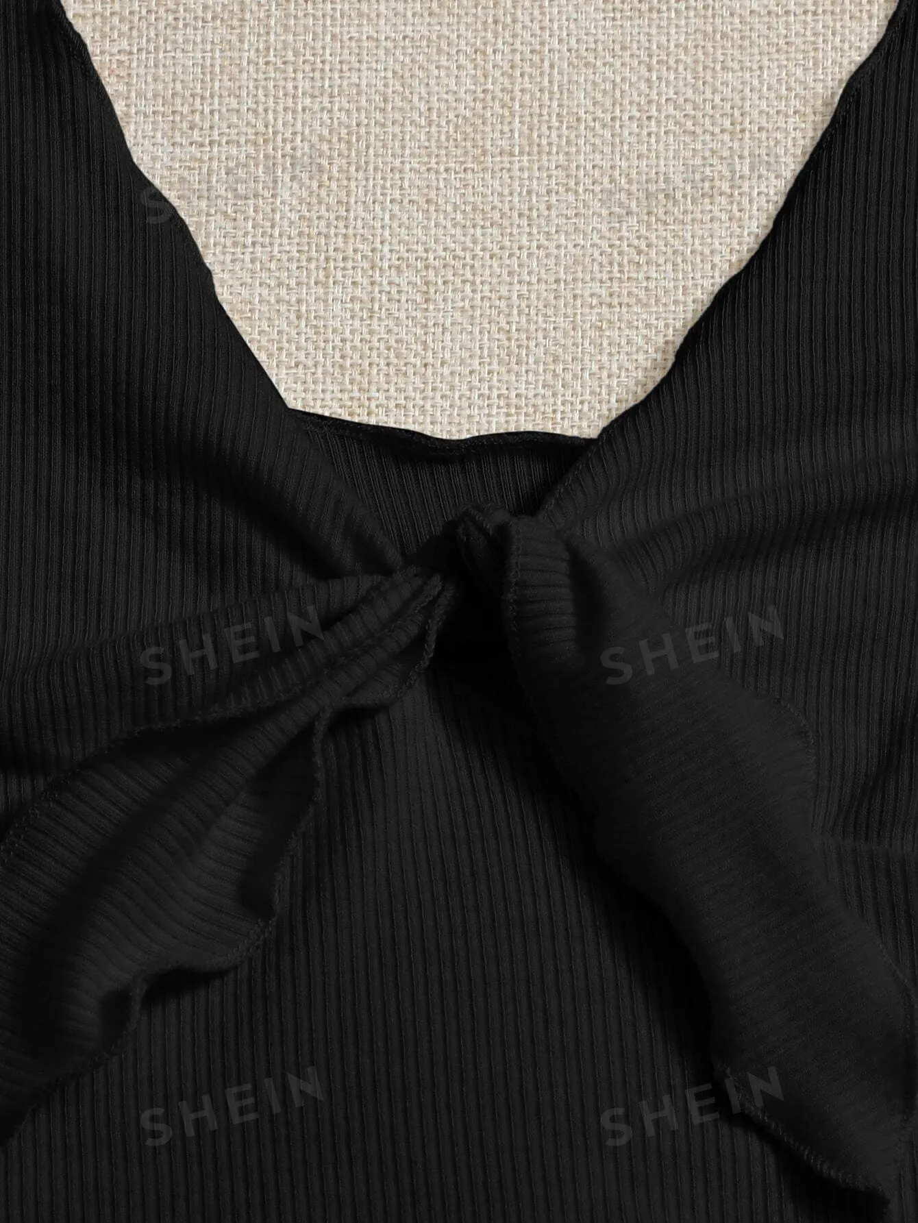 Tie Front Rib-knit Tank Top & Split Hem Cherry Print Skirt Set