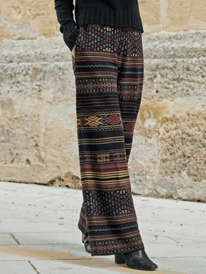 Vintage Tribal Print Loose-Fit Trousers for Women, Polyester Knit Fabric, Comfortable, with Pockets, for Spring/Fall Season