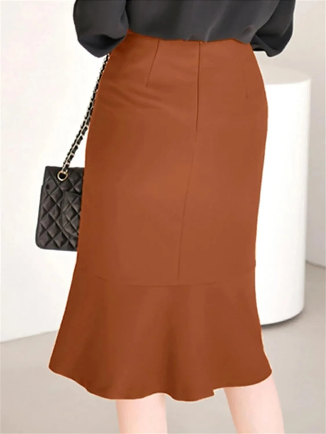 Women Bodycon Skirts Work Pencil Skirt High Waist Solid Knee-Length Skirt