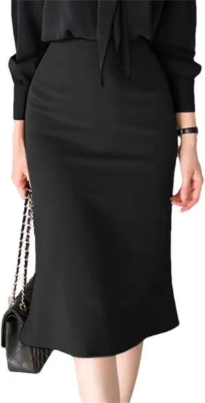Women Bodycon Skirts Work Pencil Skirt High Waist Solid Knee-Length Skirt