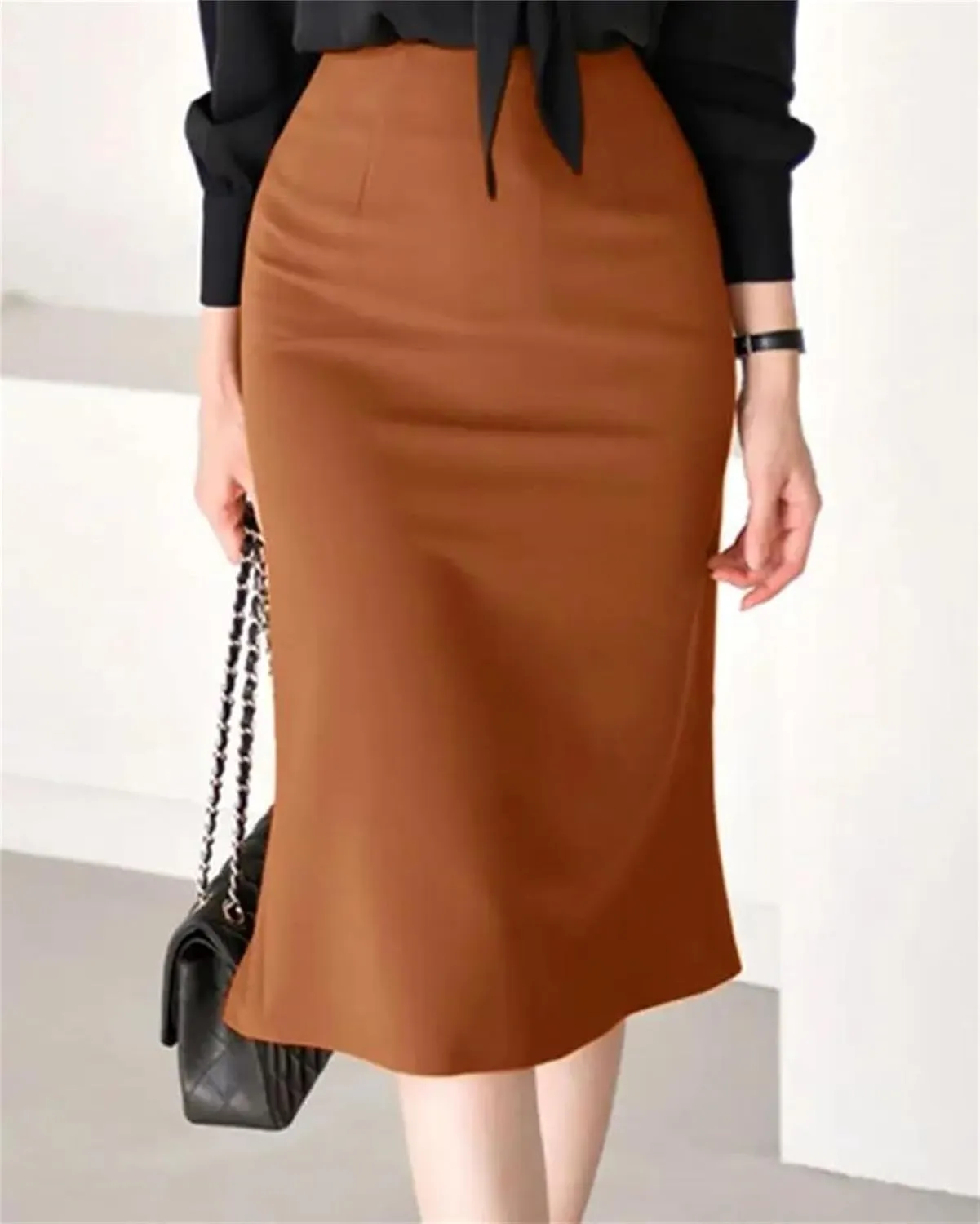 Women Bodycon Skirts Work Pencil Skirt High Waist Solid Knee-Length Skirt