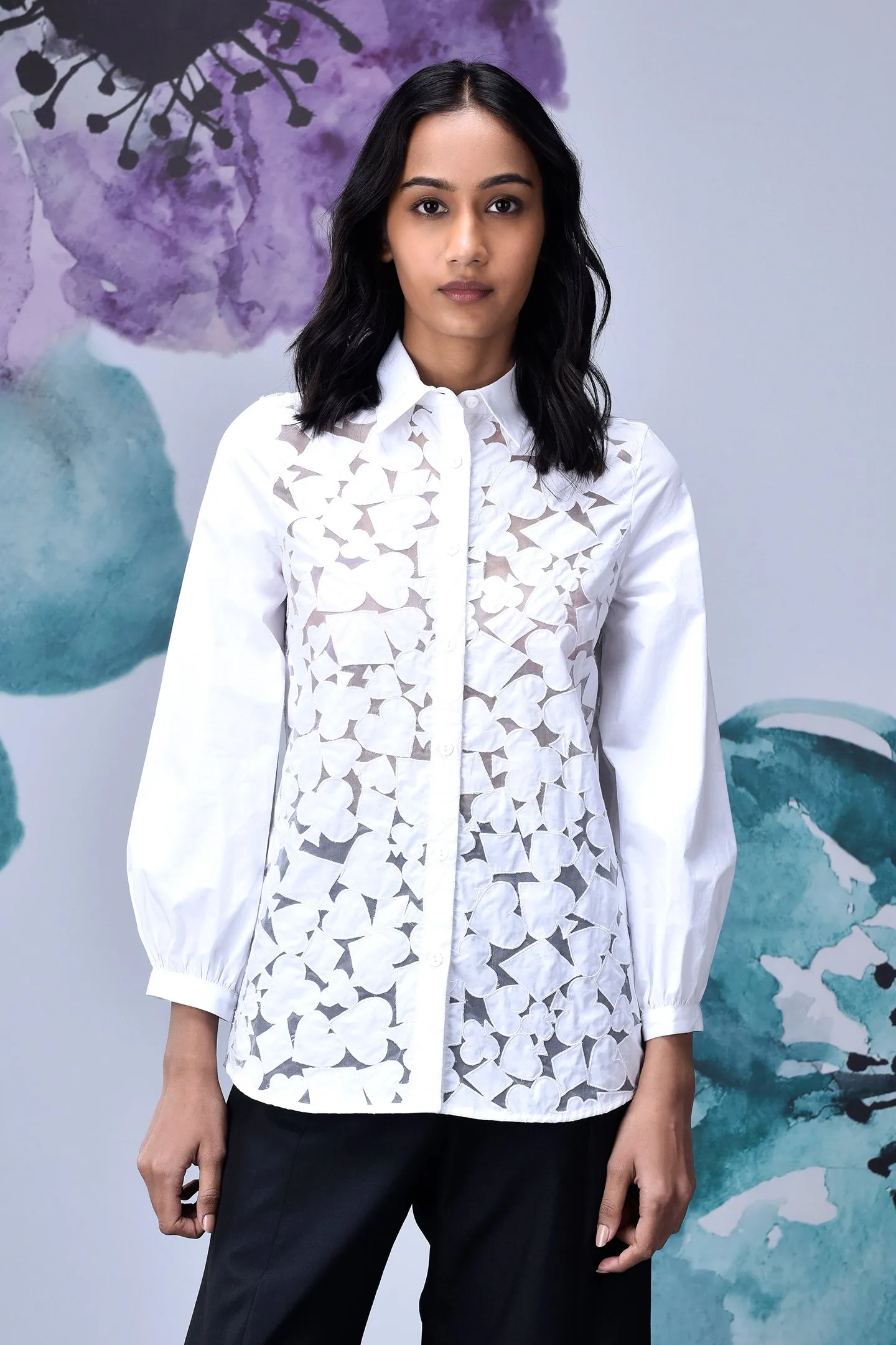 Women Cutout Embroidery Relax Fit Shirt- White