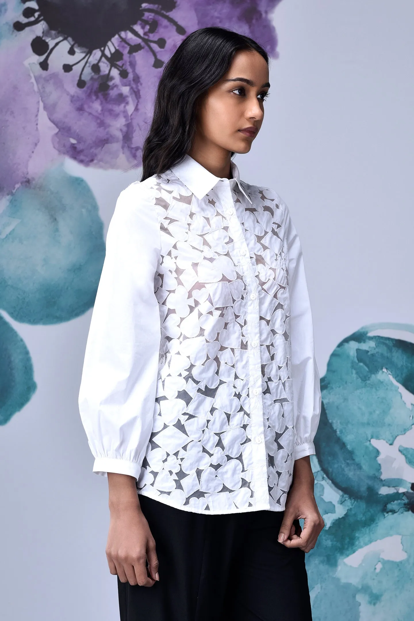 Women Cutout Embroidery Relax Fit Shirt- White