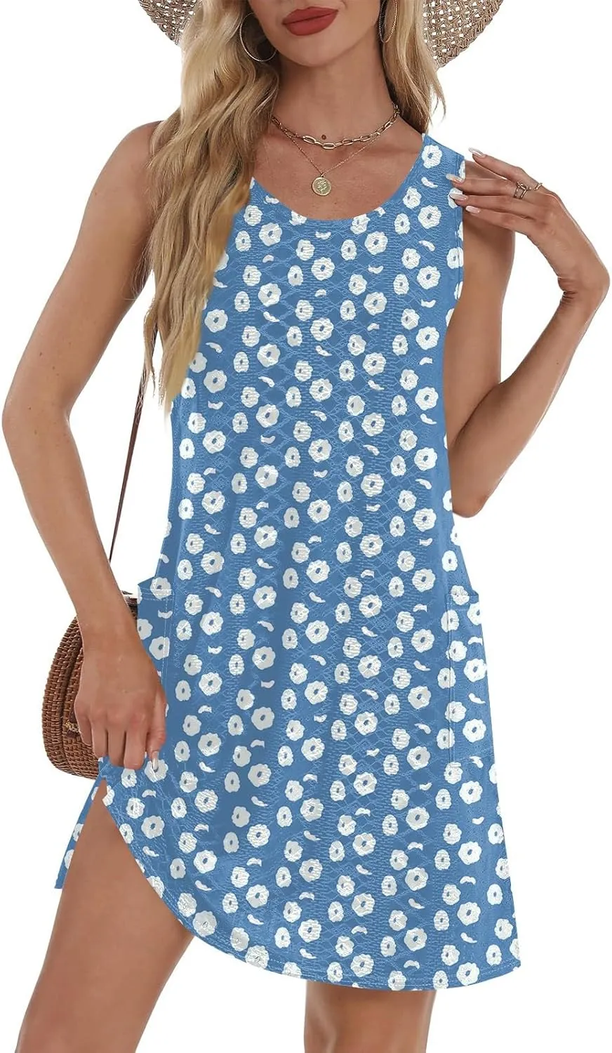 Women Spring Dresses Beach Cover Up V Neck Aline Sleeveless Floral Print Tropical Tank Sundress with Pockets
