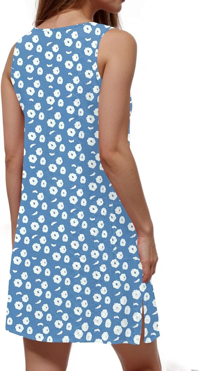 Women Spring Dresses Beach Cover Up V Neck Aline Sleeveless Floral Print Tropical Tank Sundress with Pockets