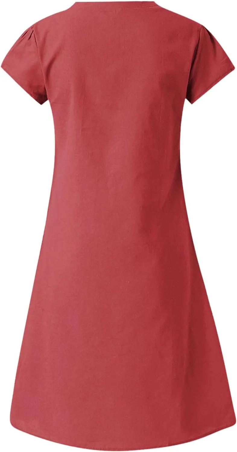 Womens Cotton Linen Midi Dress Summer Solid Color Short Sleeve V Neck T Shirt Dresses Plus Size Flowy Beach Sun Dress