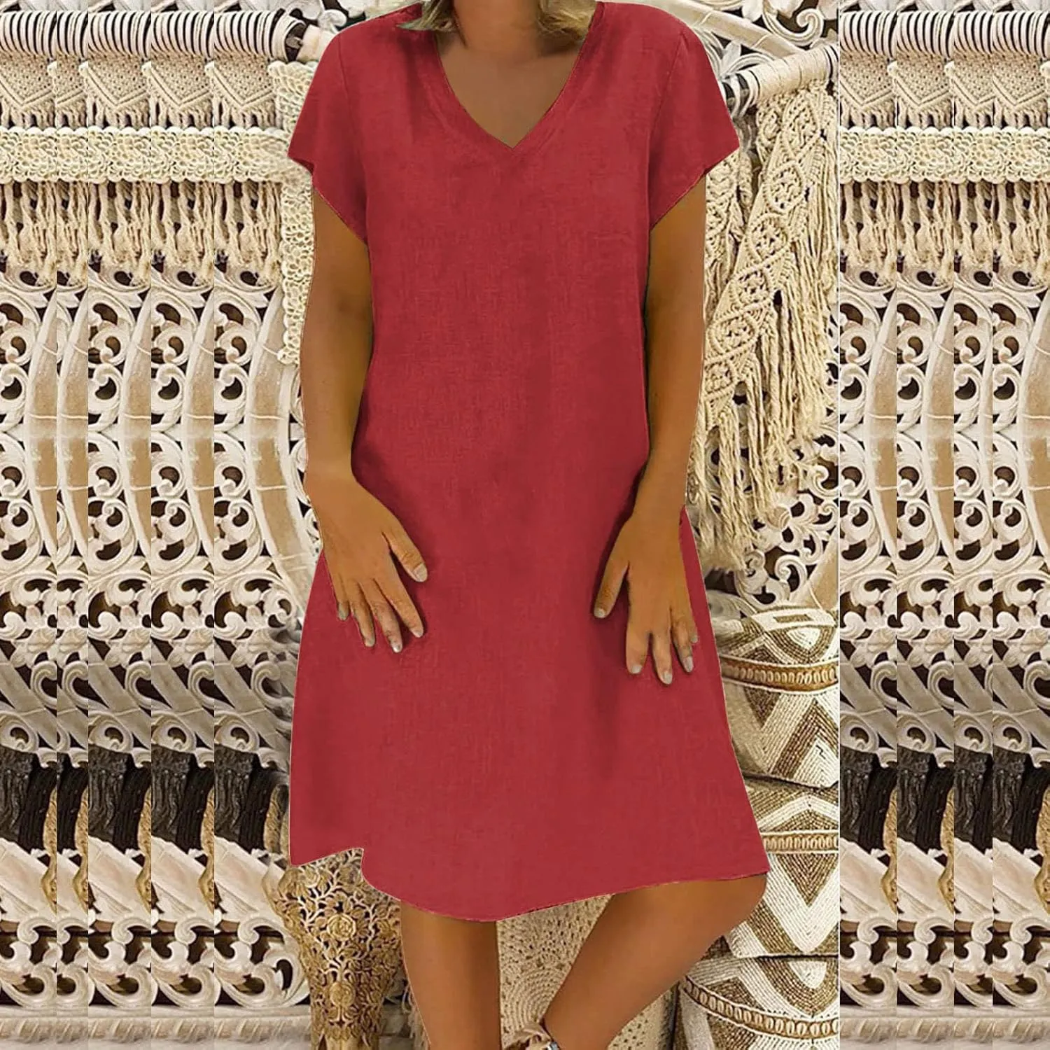 Womens Cotton Linen Midi Dress Summer Solid Color Short Sleeve V Neck T Shirt Dresses Plus Size Flowy Beach Sun Dress