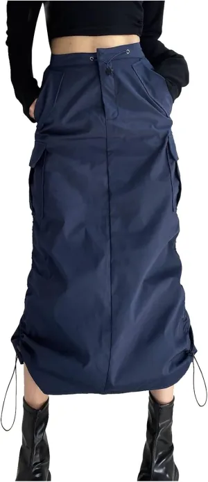 Women's Loose Casual Quick Drying Pleated Drawcord Work Suit Split Skirt Basics Midi Dress Beach Dress (B-Navy, S)