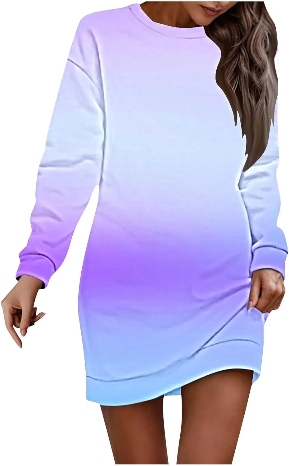 Women's Printed Long Sleeve Dress - Round Neck Casual Loose Fit Midi Dress for Vacation or Everyday Wear
