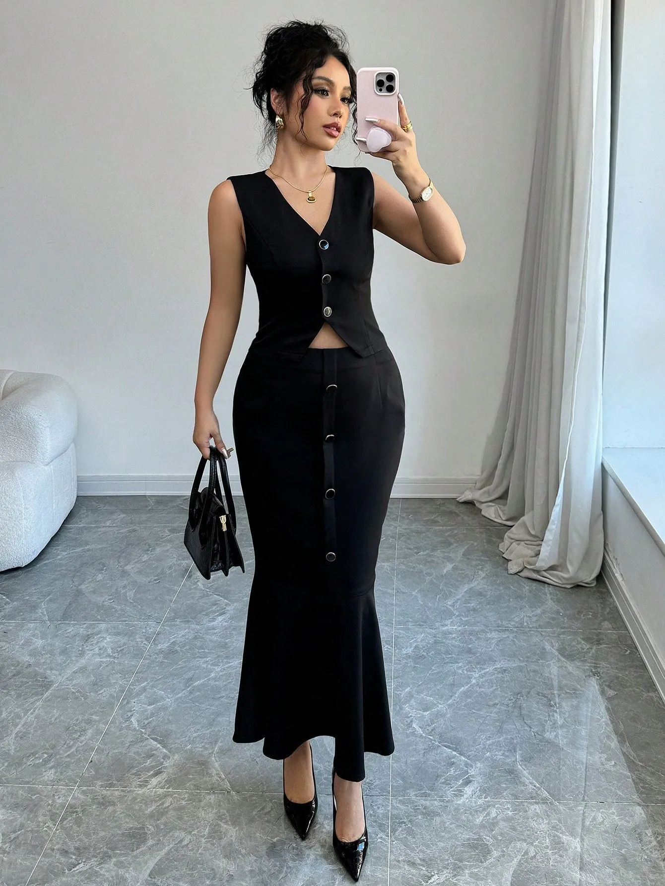 Women's Solid Color Single Breasted Vest And Fish Hem 2 Piece Set, Elegant