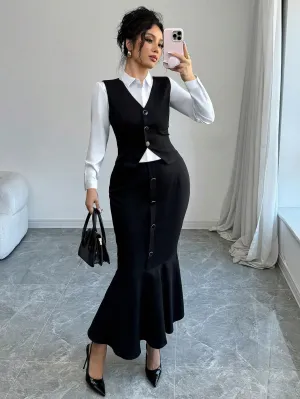 Women's Solid Color Single Breasted Vest And Fish Hem 2 Piece Set, Elegant